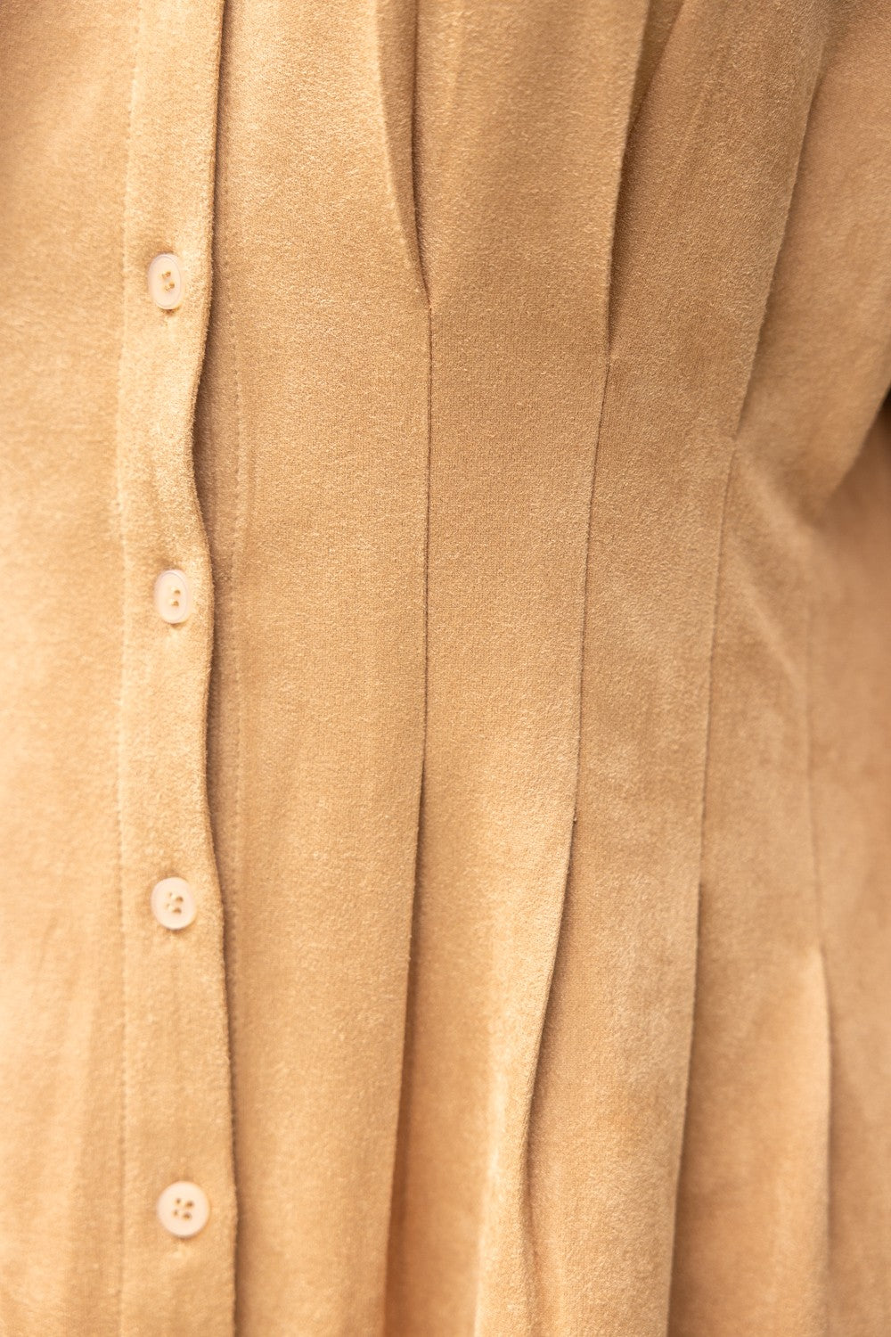 Pleated Waist Button Down Suede Dress Taupe