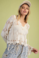 Crochet Button Down Tassel Tie Cardigan Khaki