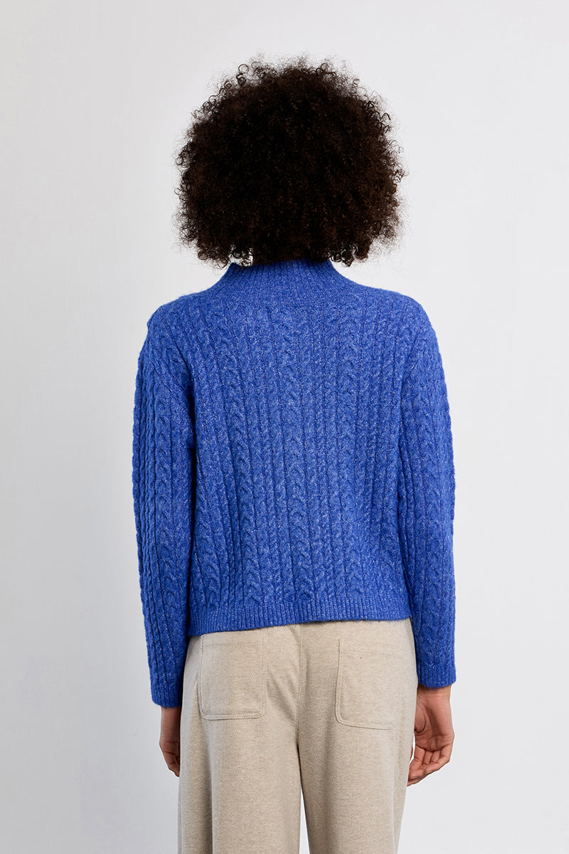 Cable Knit Crossover Mock Neck Sweater Royal Blue