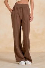 Elastic Waist Piping Detail Wide Leg Pants Light Brown