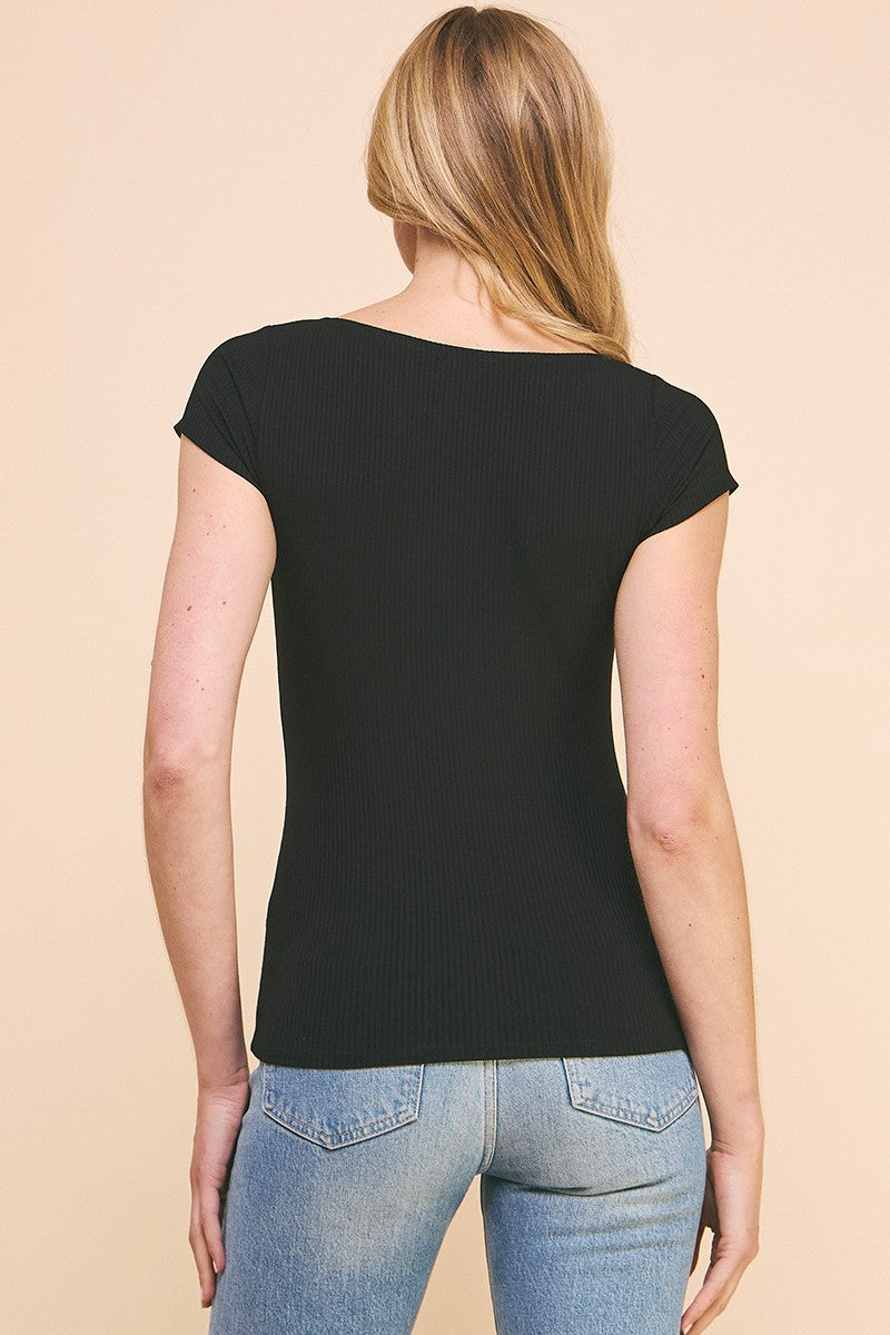 Ribbed Knit Relax Fit Square Neck Top Black