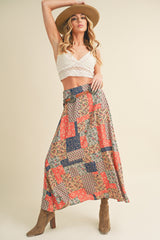 Brayden Patchwork Print Skirt Tan + Orange