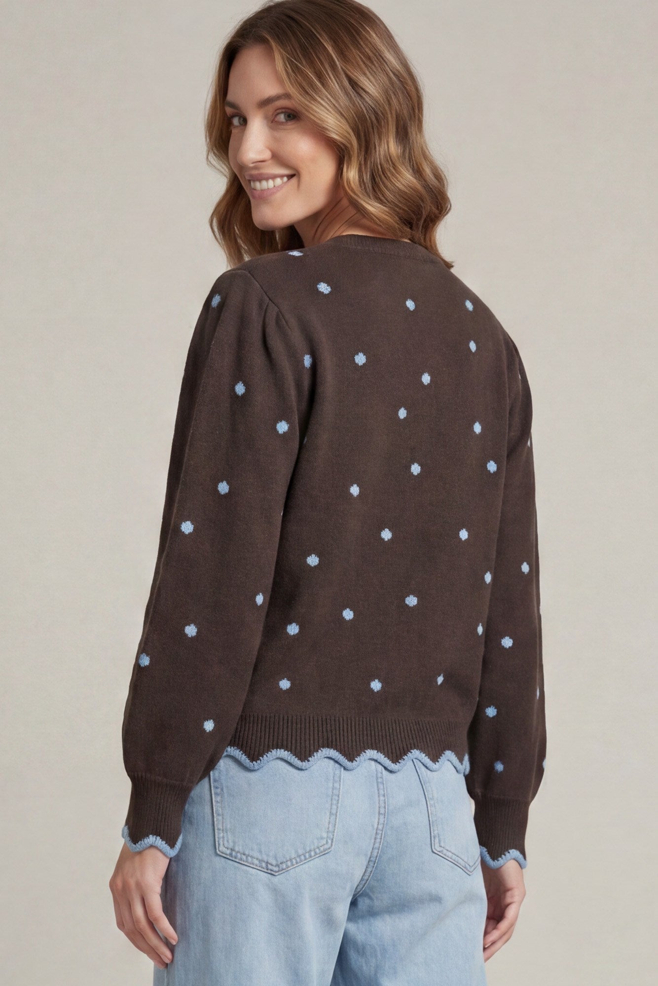 Polka Dot Scallop Hem Cardigan Brown