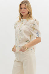 Floral Print Elbow Length Puff Sleeve Lace Trim Top Cream