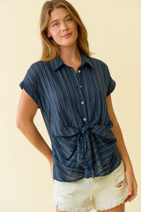 Front Knot Stripe Button Down Shirt Navy