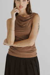 Emilia Asymmetric Twist Shoulder Top Mocha