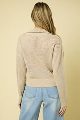 Open Knit Mock Neck Zip Up Sweater Top Oatmeal