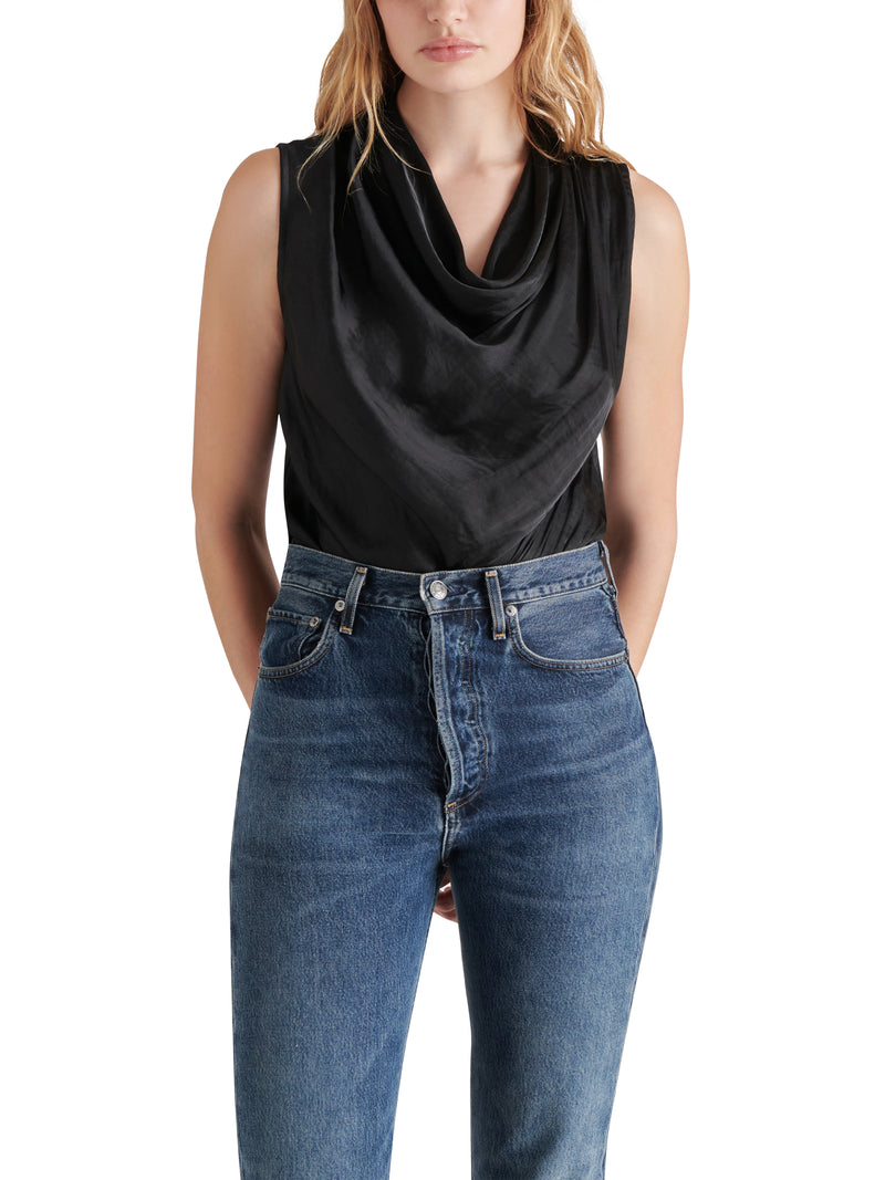 Jayde Mock Neck Cowl Satin Bodysuit Black