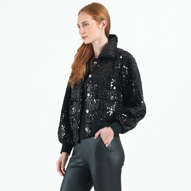 Textured Pebbled Sequin Bomber Jacket Black