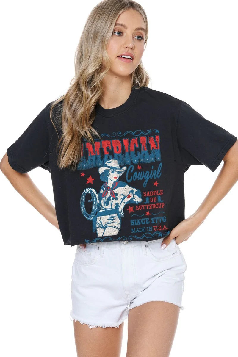 American Cowgirl Vintage Cropped Tee Black