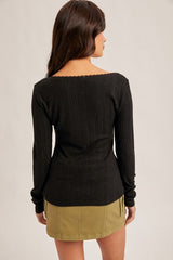 Edge Lace Neck Pointelle Knit Top Black