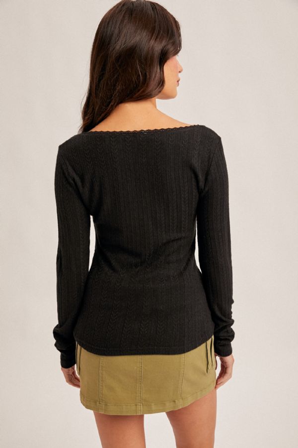 Edge Lace Neck Pointelle Knit Top Black