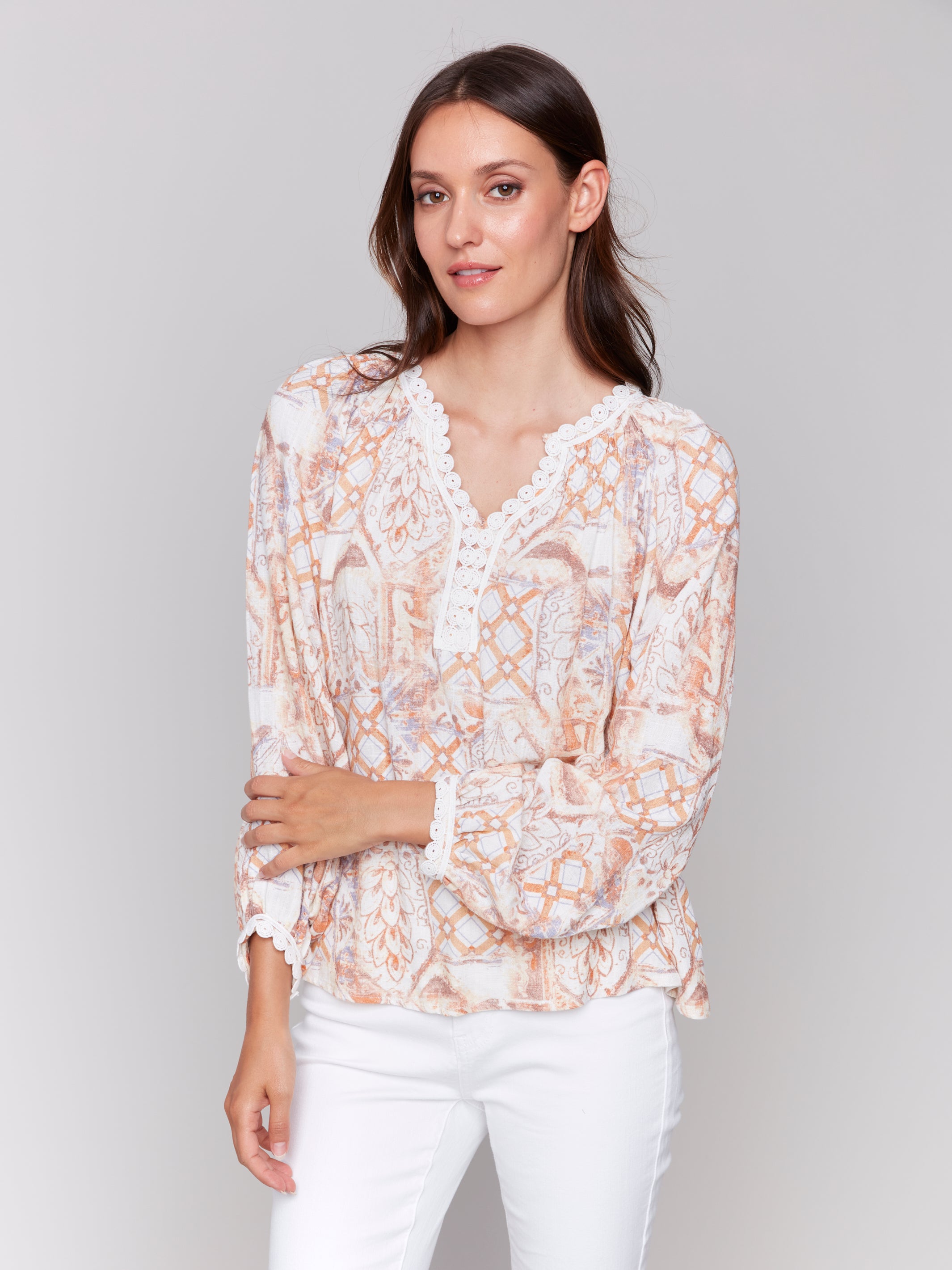 Printed Raglan Long Sleeve Blouse Papaya