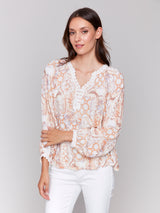 Printed Raglan Long Sleeve Blouse Papaya