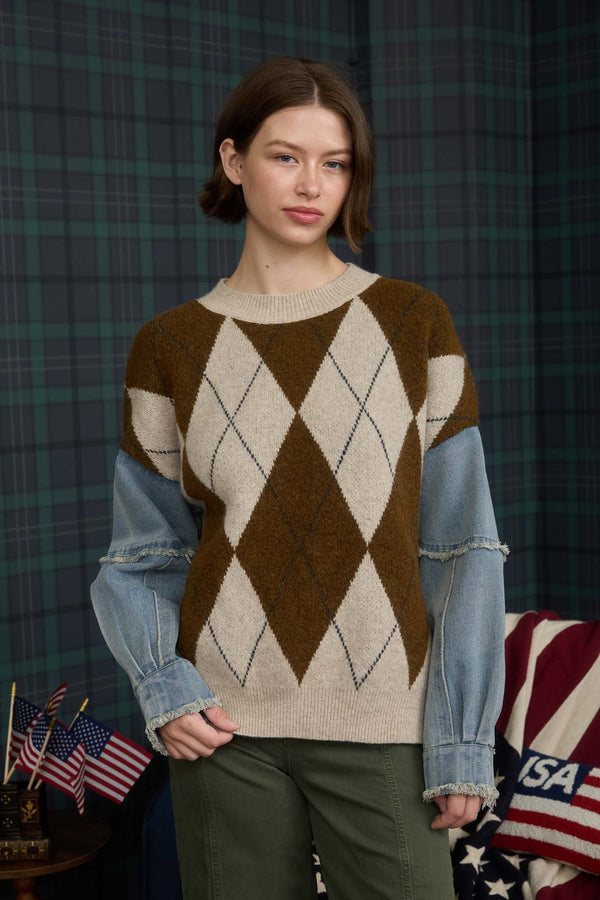 Argyle Distressed Denim Sleeve Knit Sweater Brown Multi