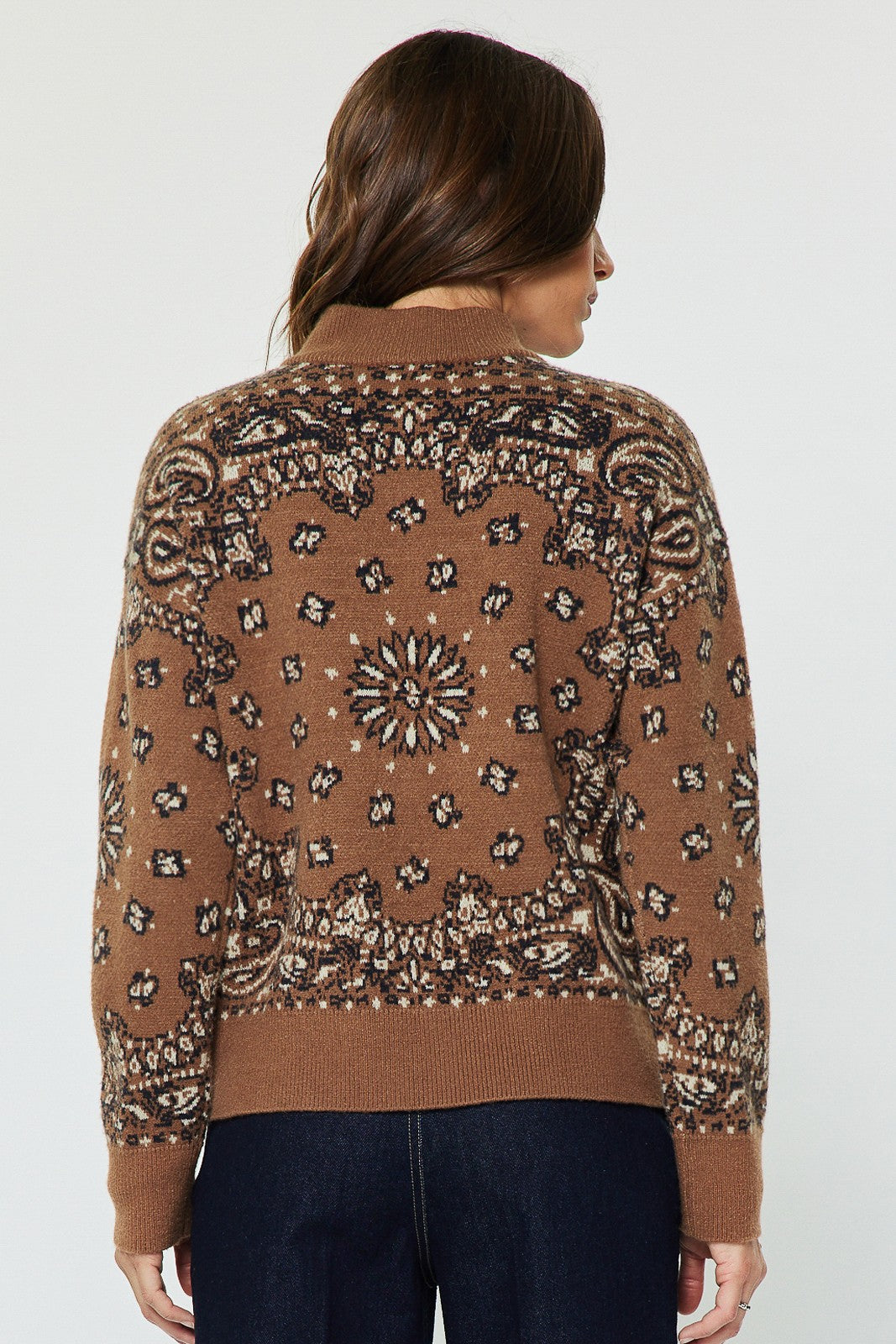 Paisley Quarter Zip Printed Sweater Caramel
