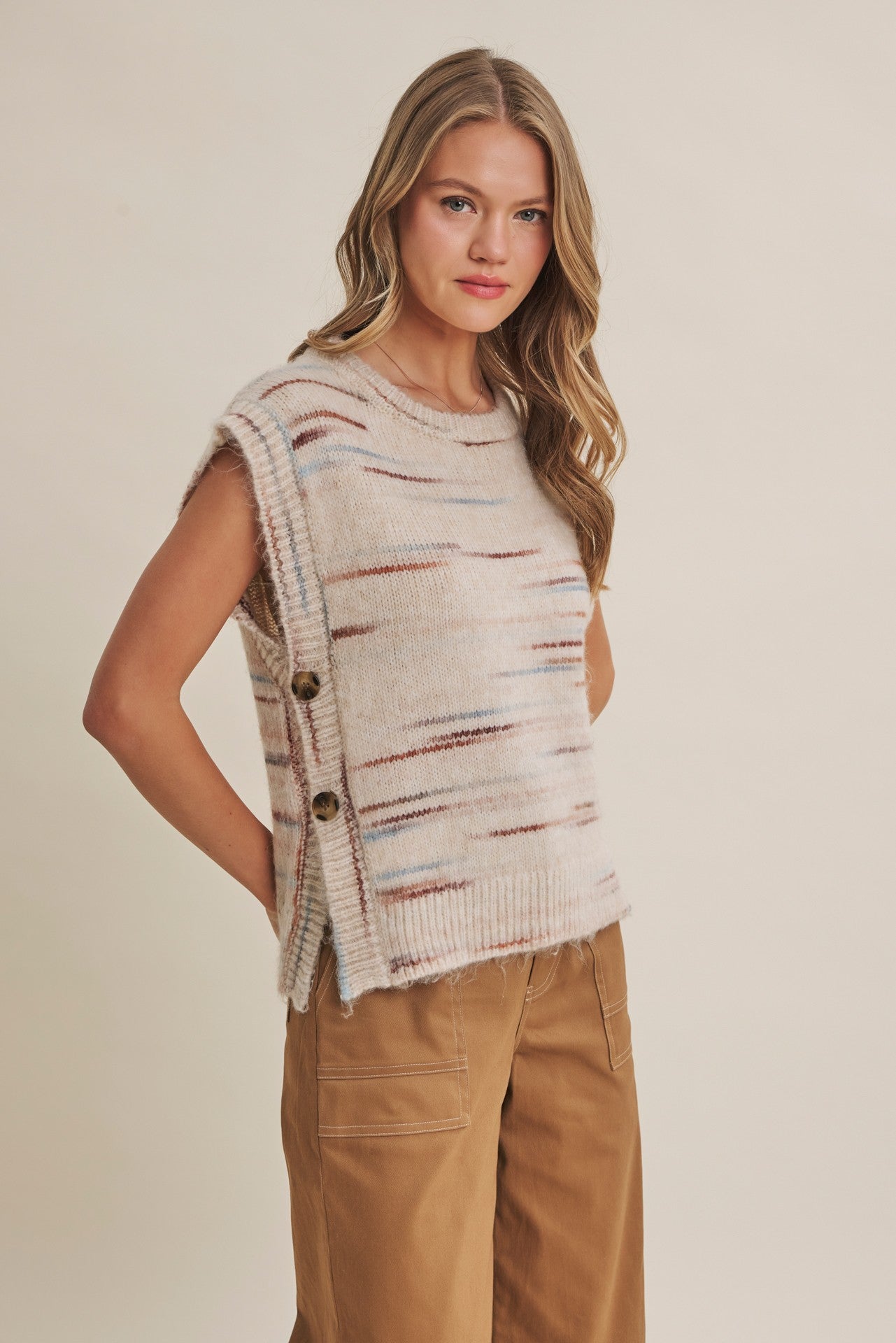 Soft Horizon Space Dye Side Button Sweater Vest Milk Tea
