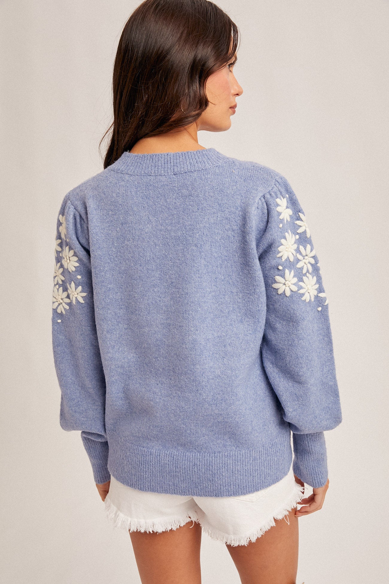 Floral Embroidery Bubble Sleeve Sweater Frost Blue