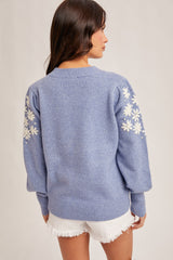 Floral Embroidery Bubble Sleeve Sweater Frost Blue