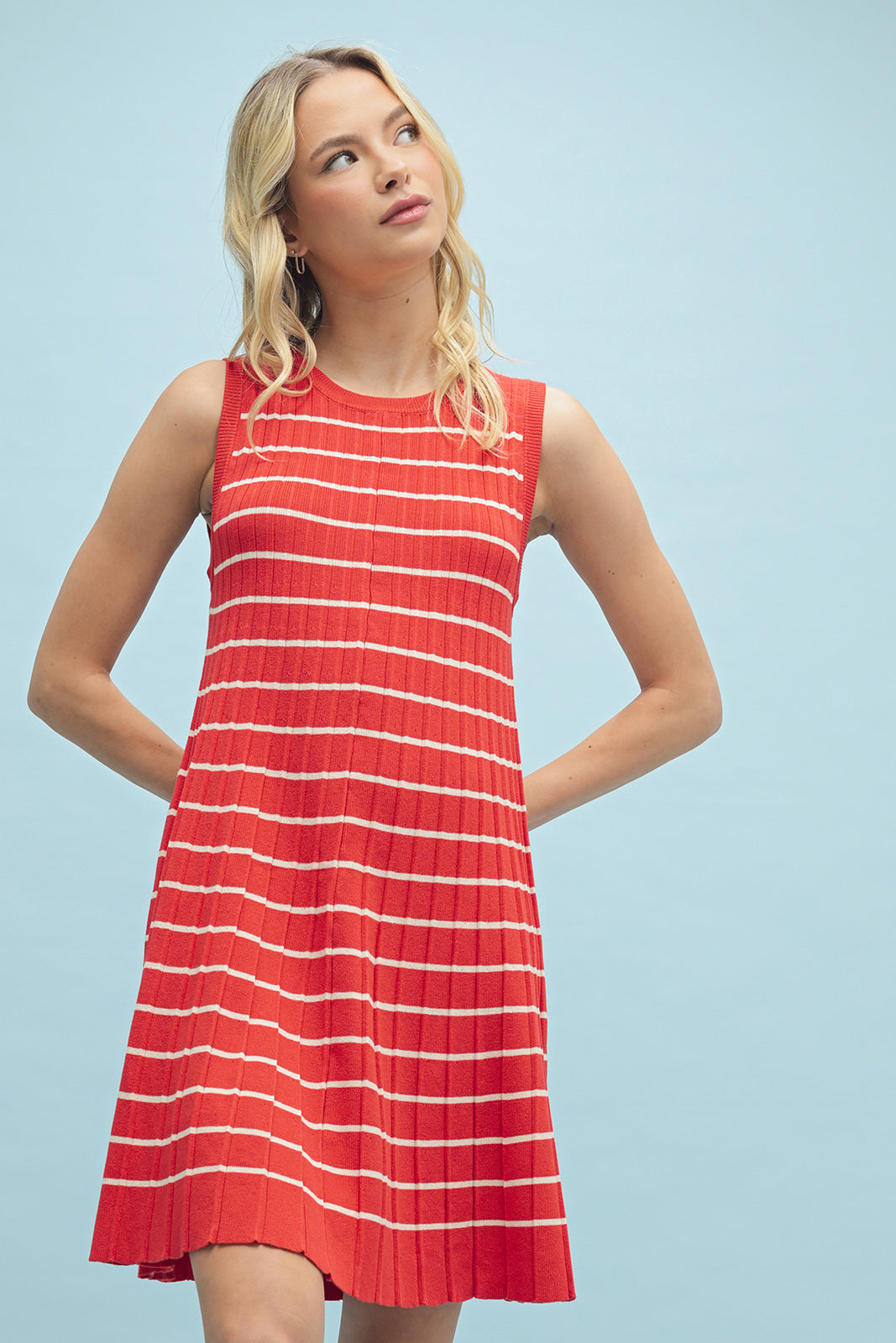 Pleated Flare Sleeveless Mini Dress Poppy + Ecru