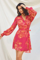 High Roller Long Sleeve Mini Wrap Dress Camellia Rose
