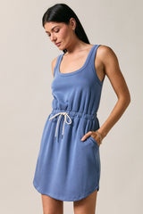 Scoop Neck Sleeveless Drawstring Waist Mini Dress Denim Blue