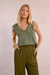 Tie Shoulder Vneck Tank Khaki
