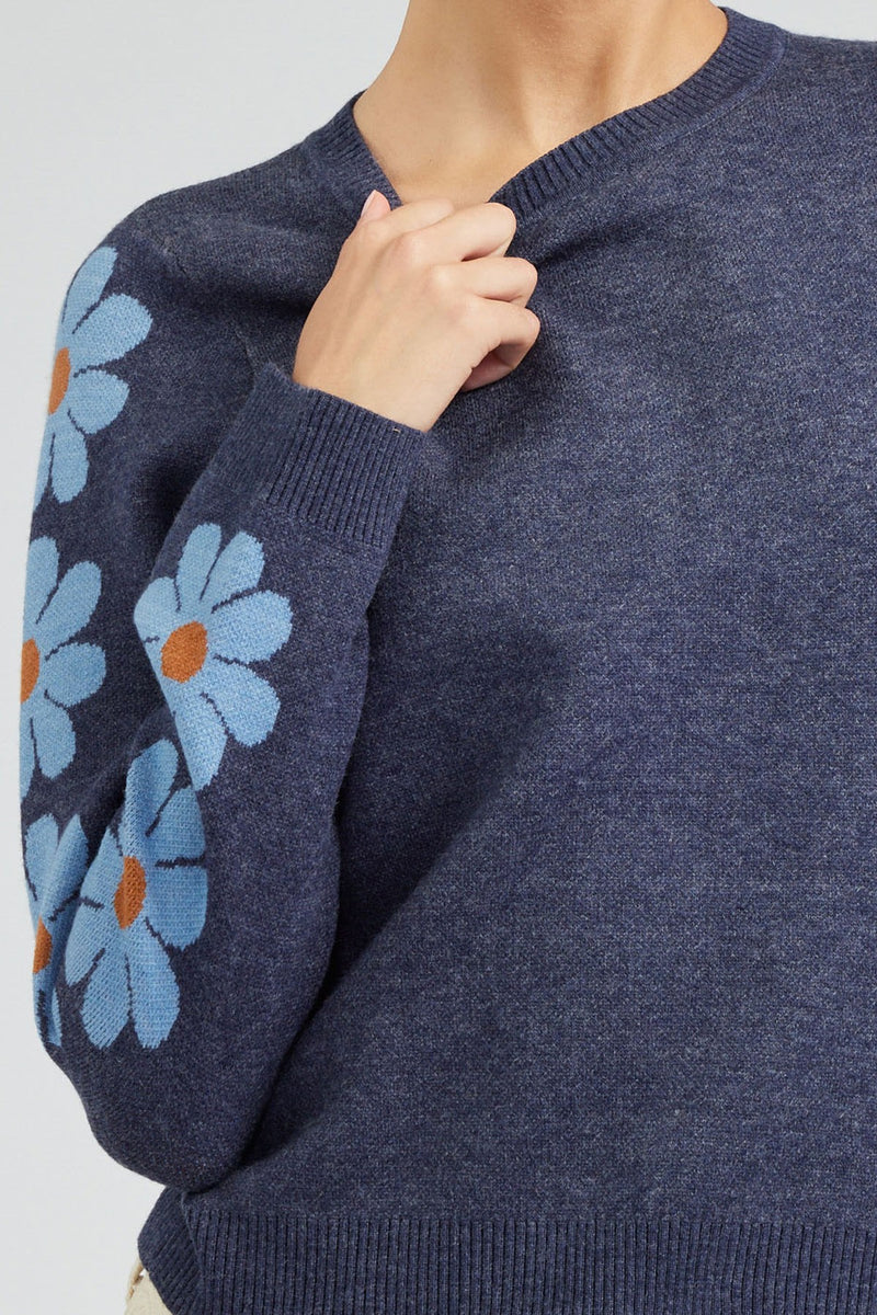 Flower Sleeve Crew Neck Sweater Navy