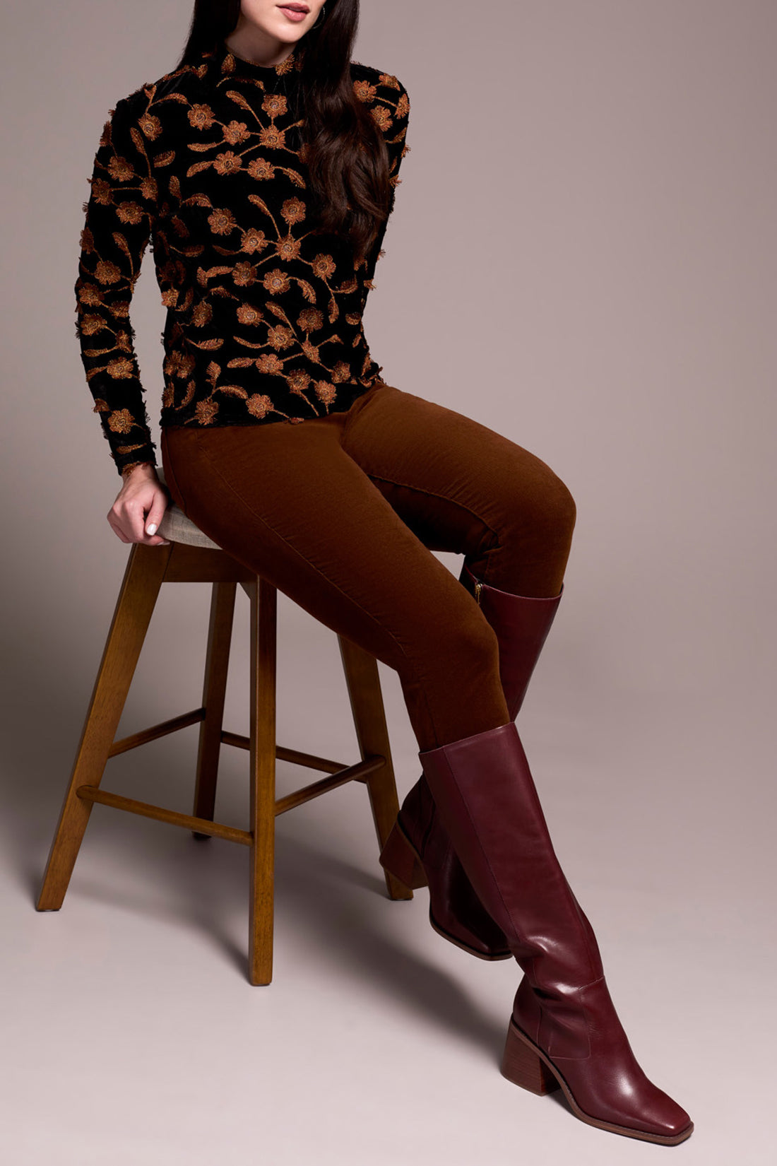 Textured Floral Mock Neck Top Ginger Spice