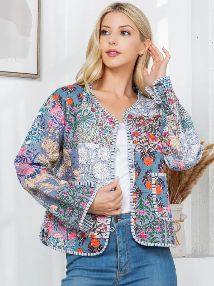 Nova Floral Quilted Patchwork Reversible Jacket Grey Combo