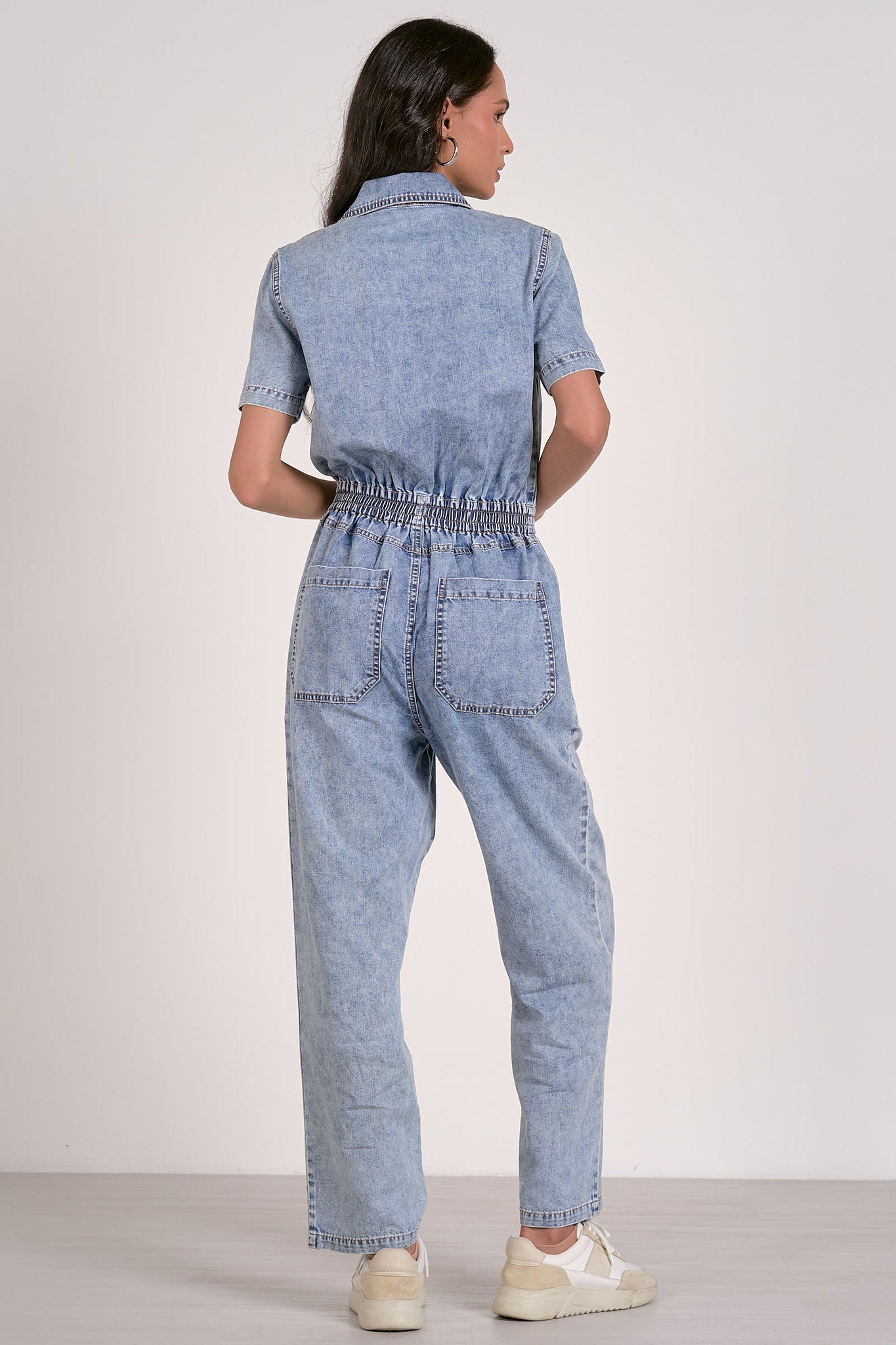 Short Sleeve Scrunched Waist Jumpsuit Light Blue