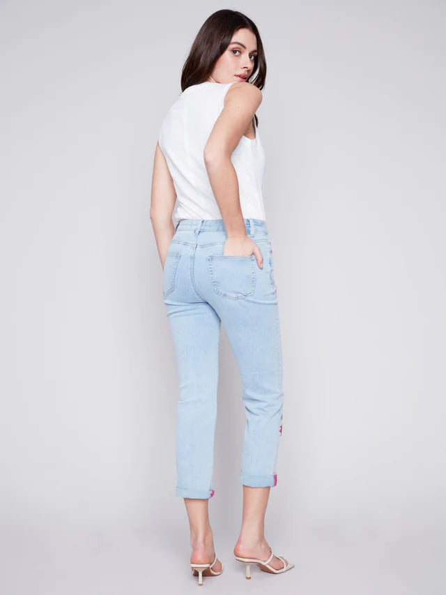 Five Pocket Embroidered Jeans Bleach Blue