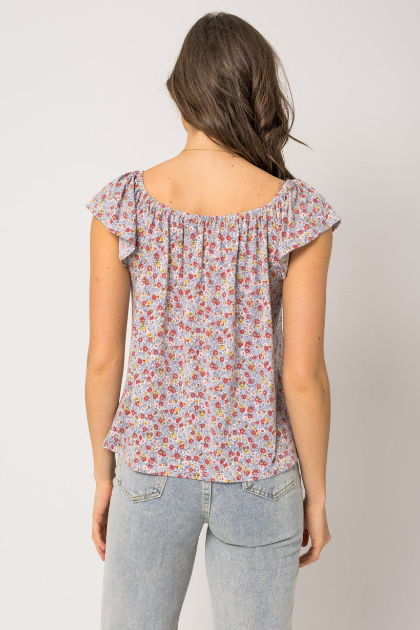 Square Neck Ruffle Sleeve Ditsy Floral Top Blue + Red