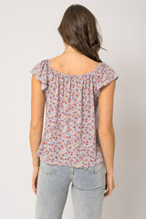 Square Neck Ruffle Sleeve Ditsy Floral Top Blue + Red