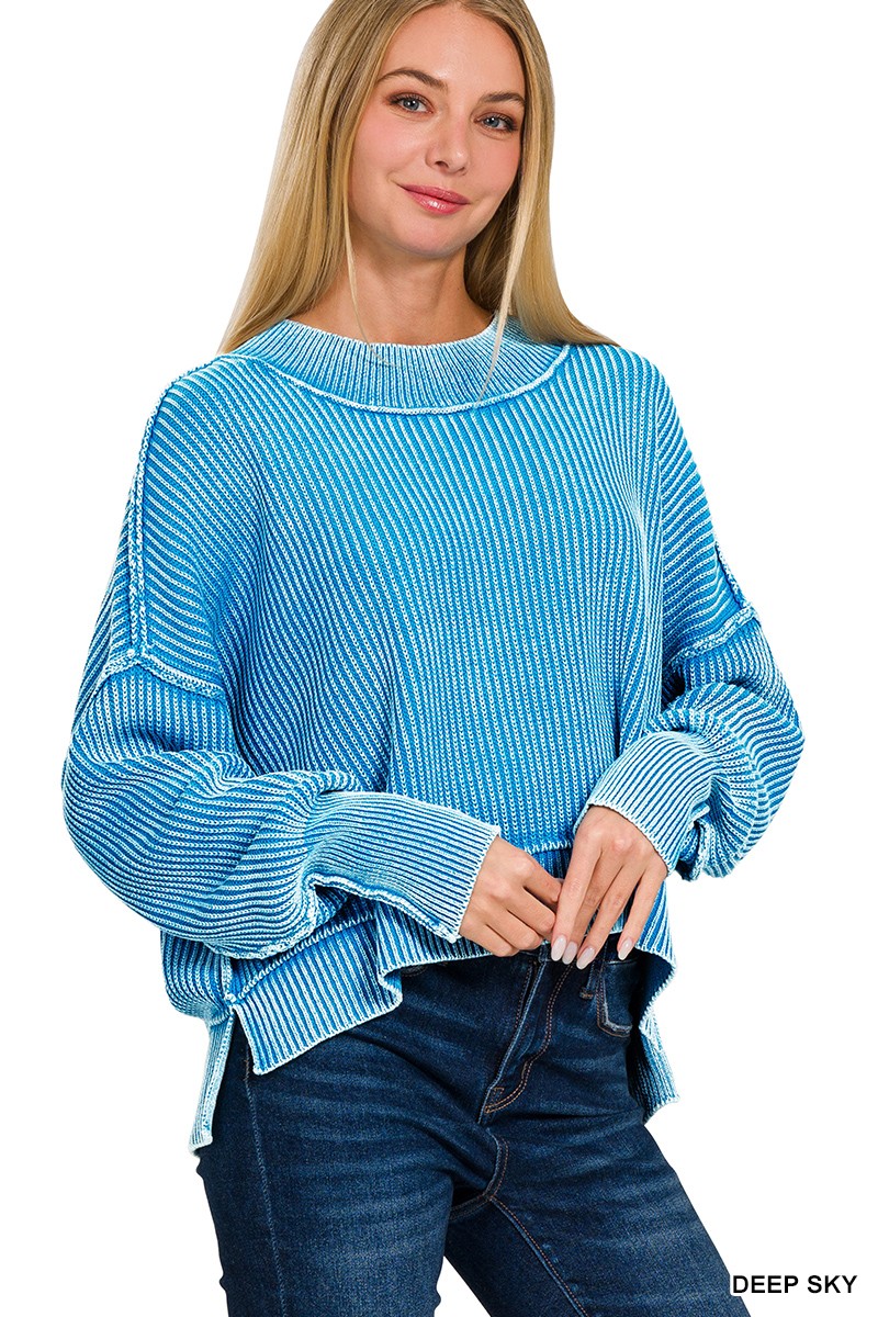 Washed Side Slit Oversize Cropped Sweater Deep Sky