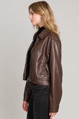 Soft Leather Zip Collared Jacket Chocolate