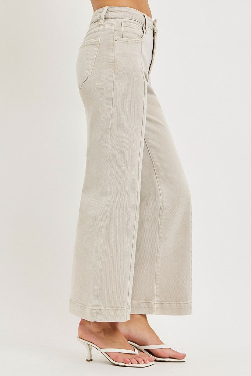 Tummy Control High Rise Crop Detail Wide Jeans Almond