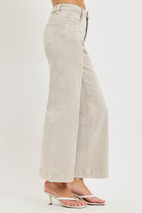 Tummy Control High Rise Crop Detail Wide Jeans Almond