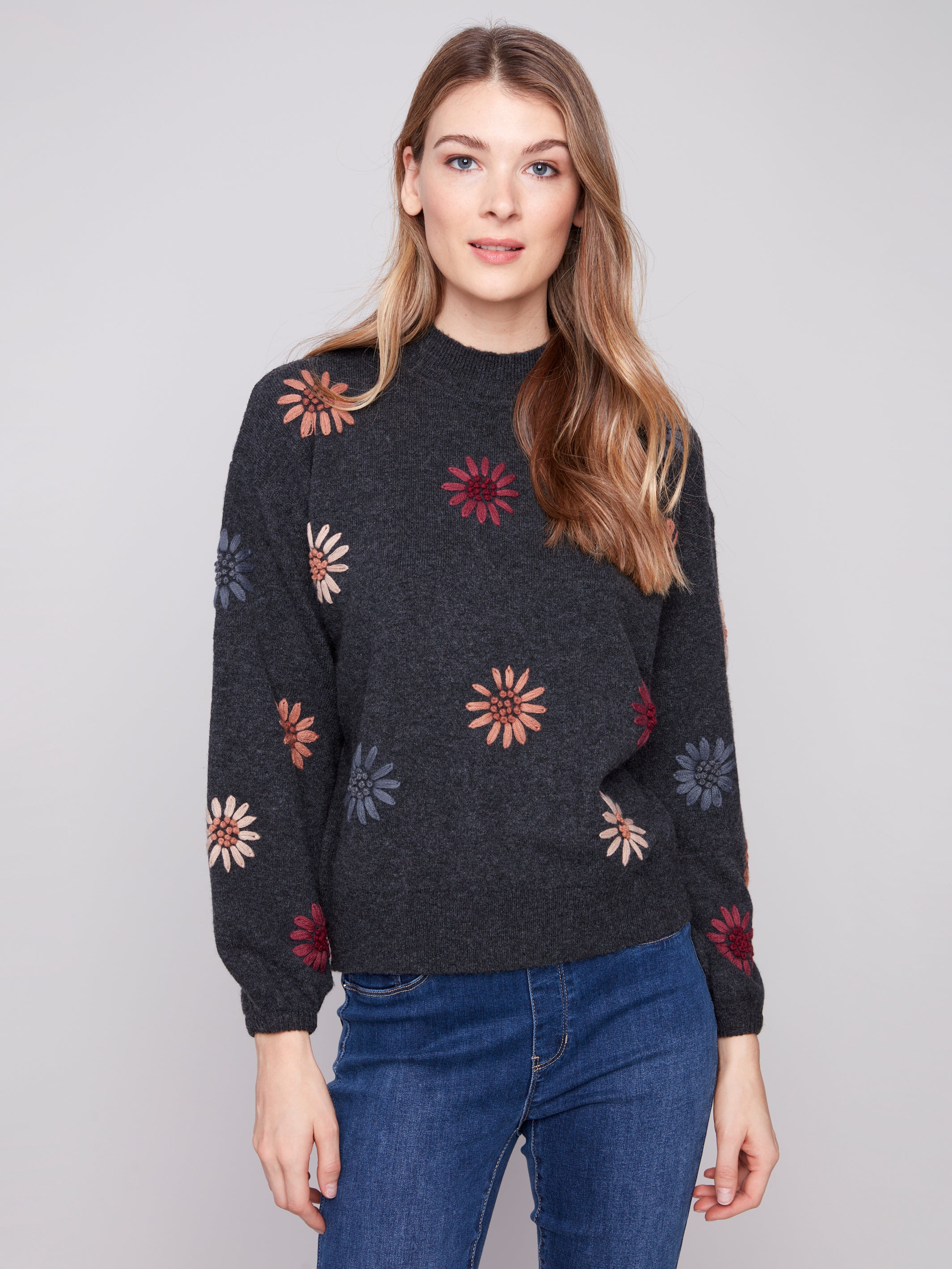 Embroidered Daisies Mock Neck Sweater Heather Charcoal