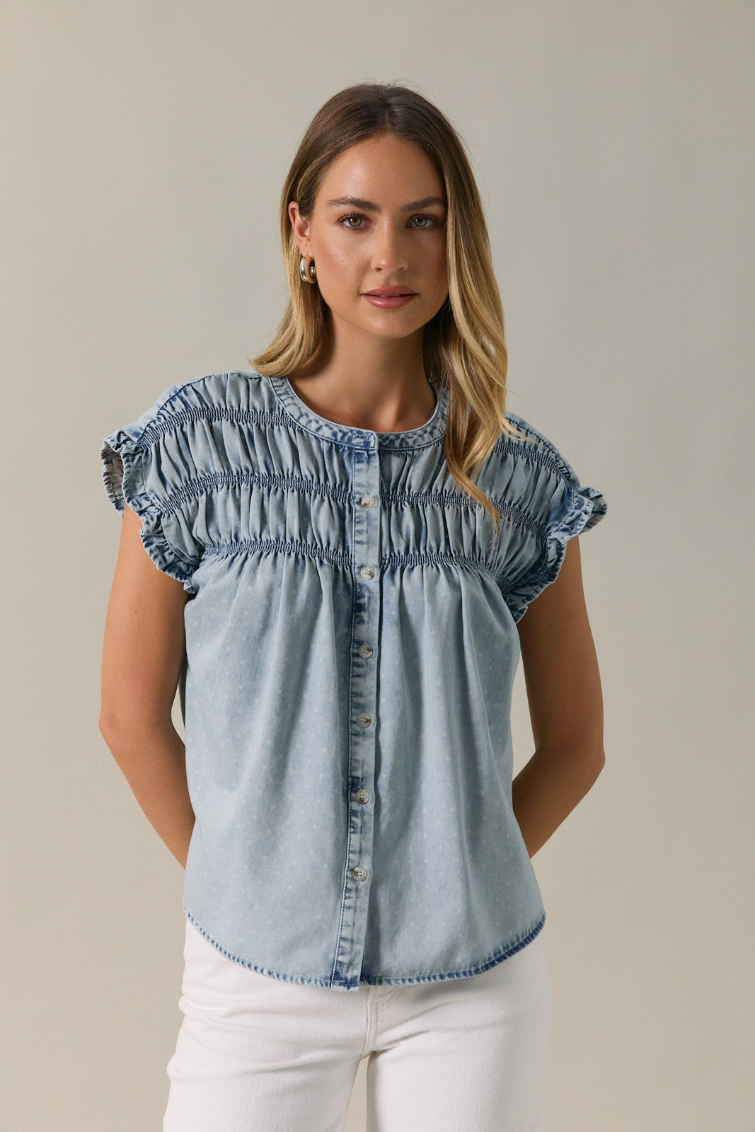 Polka Dot Denim Button Up Smock Detail Shirt Light Denim White Dot