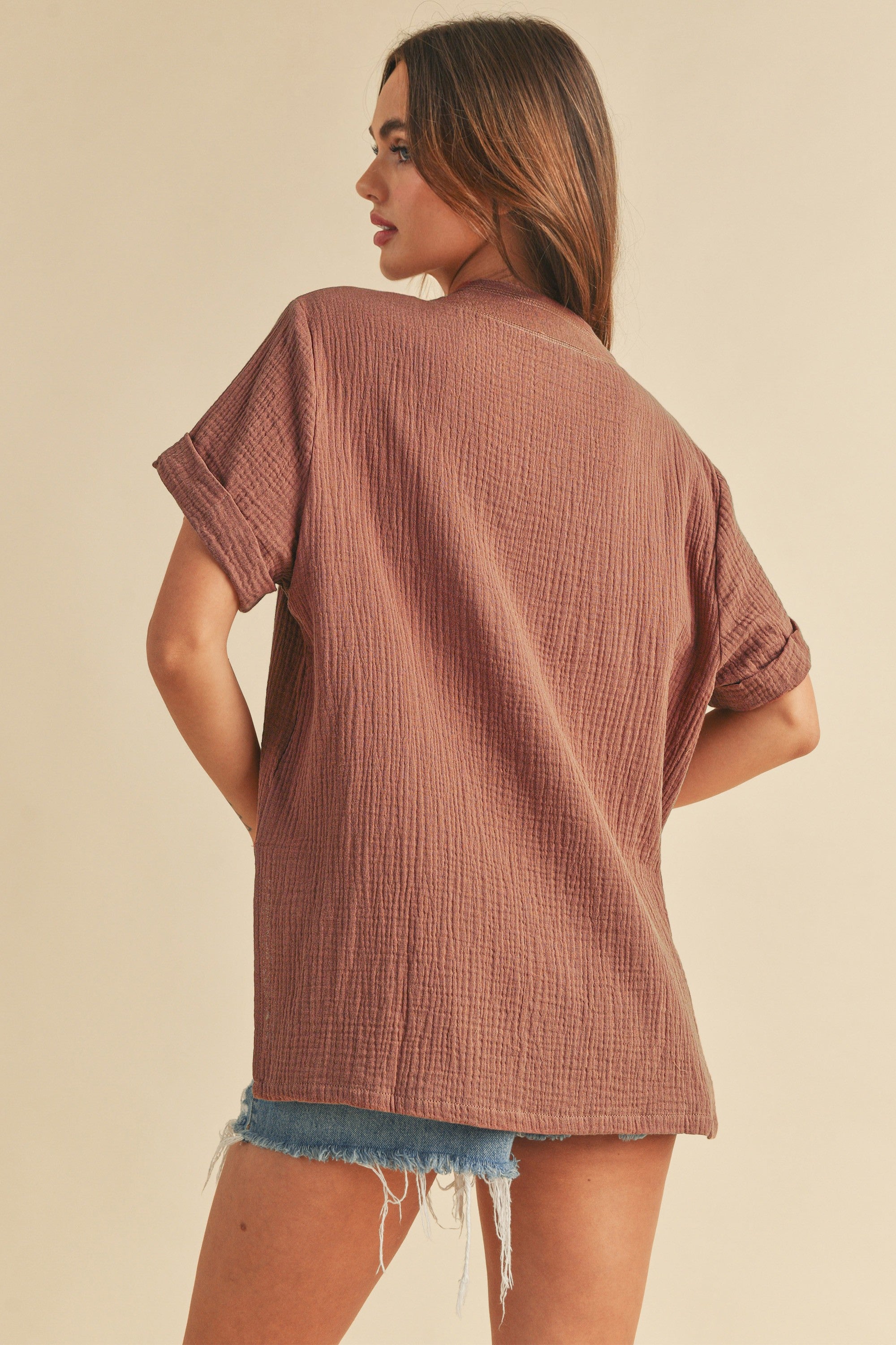Trudie Raw Edge Gauze Top Terracotta