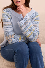 Printed Flare Sleeve Scoop Neck Sweater Chambray