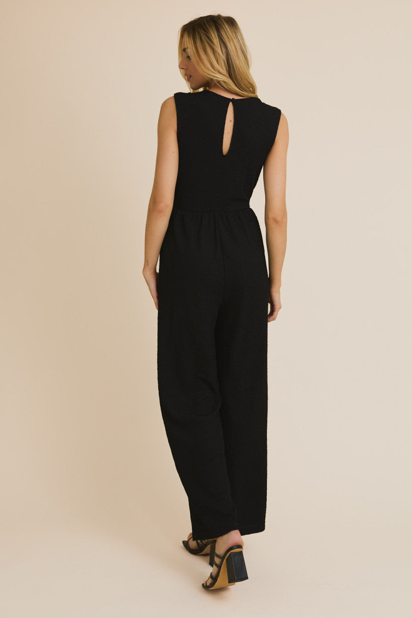 Textured Square Neck Sleeveless Jumpsuit Black