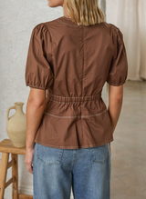 Contrast Stitch Belted Peplum Top Brown