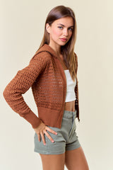 Pointelle Open Knit Zip Up Sweater Caramel