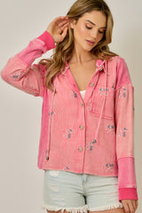 Washed Embroidered Removable Hoodie Jacket Washed Berry