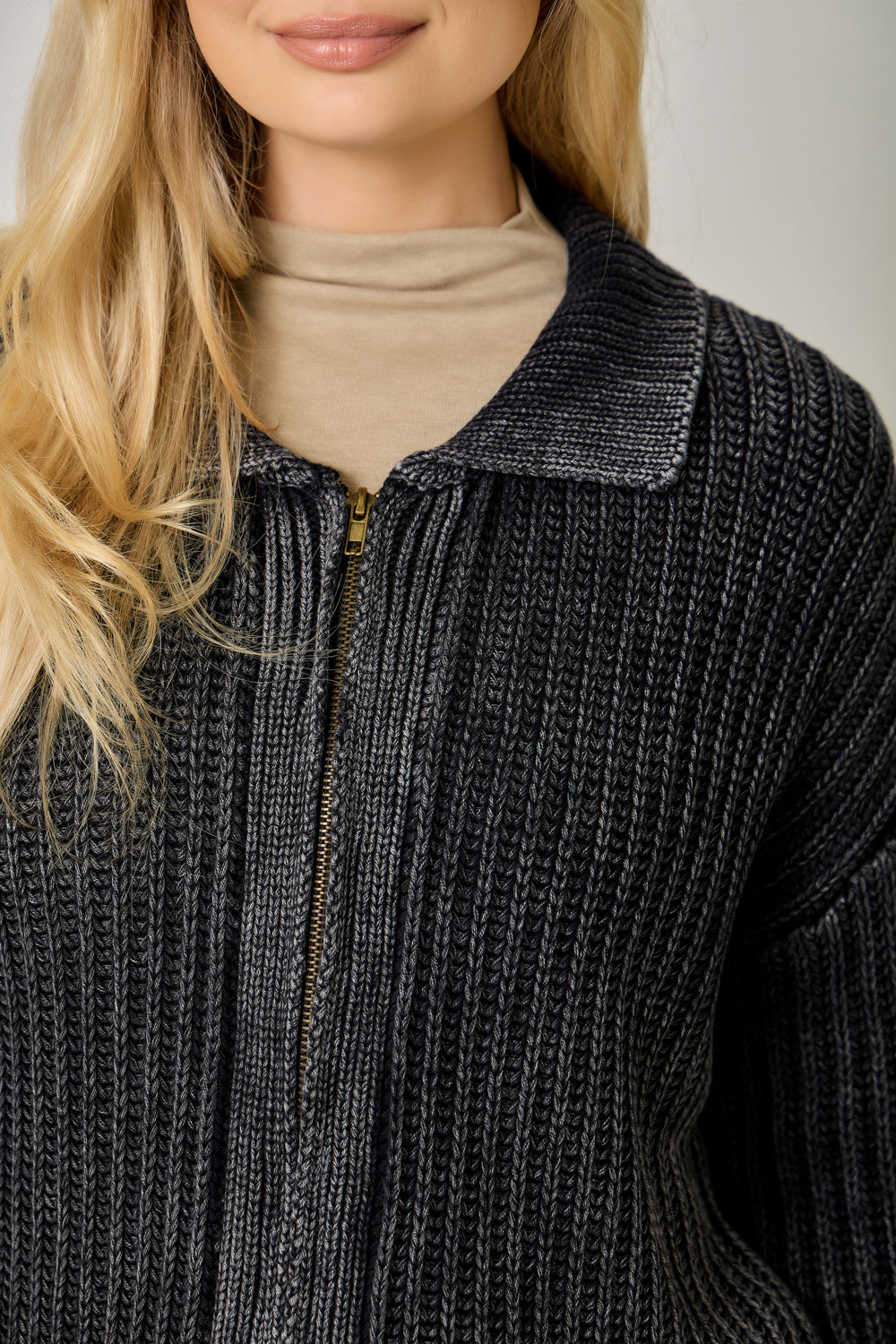 Washed Ribbed Zip Up Sweater Washed Black