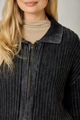 Washed Ribbed Zip Up Sweater Washed Black
