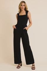 Textured Square Neck Sleeveless Jumpsuit Black