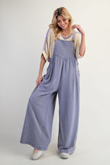 Washed Terry Knit Wide Leg Jumpsuit Faded Blue